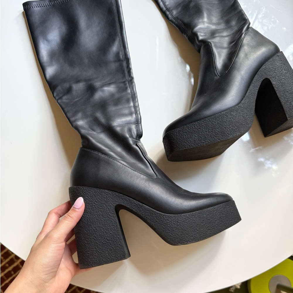 Black Pleather Knee High Platform Boots - Picture 3 of 5